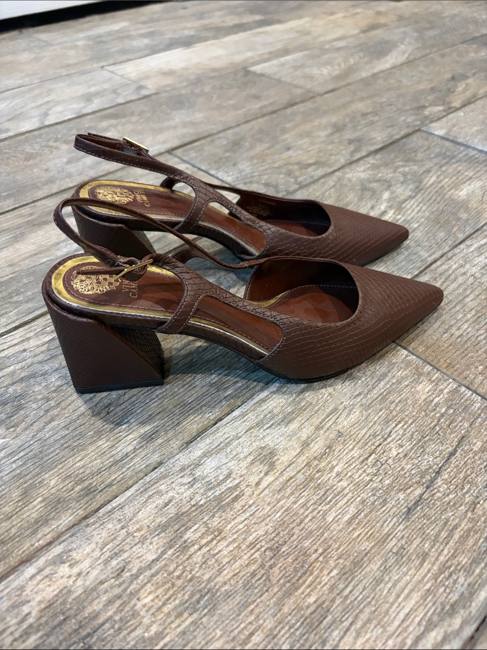 Vince Camuto sindree Chocolate Brown Textured Slingback Block Heels size 7